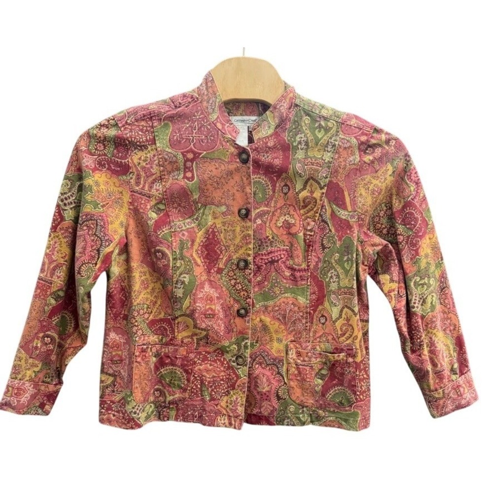 Coldwater Creek Paisley Tapestry Jacket Red Green Cotton Petite XL PXL V#J160